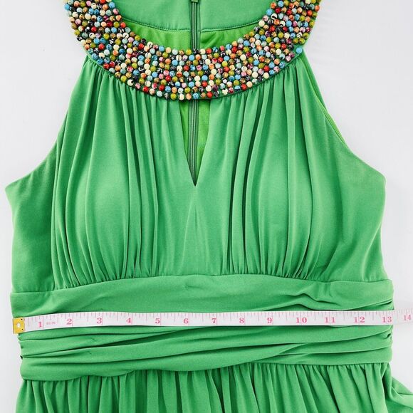 Suzi Chin Womens Dress Sz 8 Green Beaded Halter Sleeveless Keyhole Stretch Midi - Picture 9 of 10